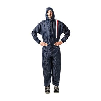 Schutzanzug aus Polyester, Farbe Blau, Grösse L, 1 Gesässtasche, 2-Weg Reissverschluss, Kapuze.